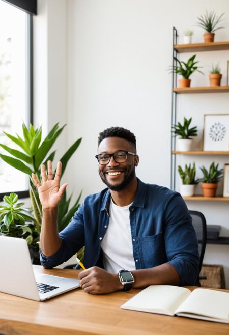 00045-African American male, smiling, waving, eyeglasses, casual clothing, sitting at desk, laptop, home office, indoor, daylight, not.png